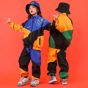 Chico Hip Hop Ropa de Color Bloque de Cremallera Chaqueta Cortaviento Superior de la Capa de Streetwear Pantalones para Niñas Niños Jazz Trajes de Baile Ropa