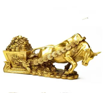 China de la colección de mano de obra fina, el bronce ganado tirar MONEDAS de Oro de la riqueza de la estatua de