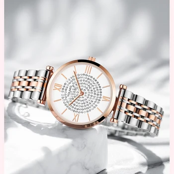 Cielo Estrellado Diseño De Diamante De Las Mujeres Relojes De Plata Esfera Redonda De Acero Inoxidable Banda De Cuarzo Reloj De Pulsera De Regalo De Relogios Feminino