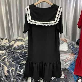 COIGARSAM 4XL Más el Tamaño de la Moda Patchwork de las Mujeres vestido de Verano de Encaje de Cuello Marinero Vestidos de Negro 2523