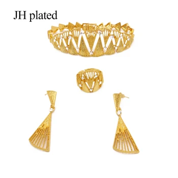 Conjuntos de joyas de oro 24K color Dubai de lujo para las mujeres Africanas regalos de boda nupcial de la pulsera del collar de los pendientes de aro de la joyería conjunto