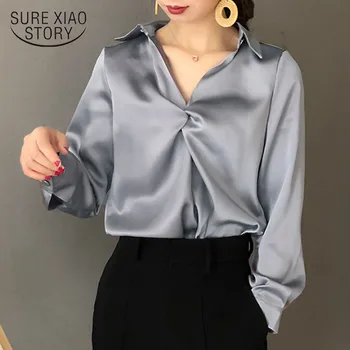 Corea del Estilo de la Vendimia de la Blusa de las Mujeres 2021 Otoño V-cuello de la Camisa de las Mujeres Tops Elegante Slim Sólido Señora de la Oficina de la Ropa Todo el Partido Nueva 11025
