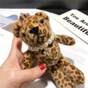 Creativo lindo peluche de leopardo, oso muñeca llavero colgante de juguetes de peluche llavero de las señoras del coche de la bolsa llavero de Navidad de regalo de cumpleaños