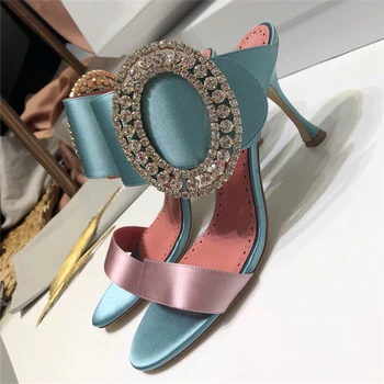 Cristal Elíptica Hebilla de Banquetes Zapatos de Mujer Satén de Una tira Delgada de zapatos de Tacón Alto Sexy Dedo del pie Abierto de diamantes de imitación de las Mujeres Zapatillas