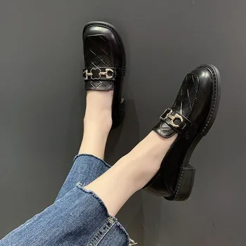 Cuero De Patente Unif Oxford Zapatos De Plataforma De Mujer Otoño Negro De Pies Cuadrados De Deslizamiento En Los Pisos De La Moda Elegante De La Tela Escocesa Casual De Las Señoras Mocasines