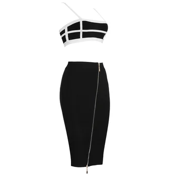 De Calidad superior Negro conjunto de dos piezas Abierto Tenedor Bodycon de Rayón Vendaje Vestido de Club Vestido de Fiesta vestido