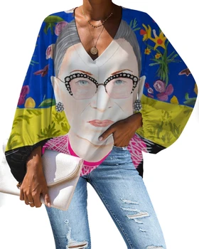 De dibujos animados personalizado Ruth Bader Ginsburg de Impresión de Gran Tamaño Blusa Holgada Camisa de Manga Larga Tops Más el Tamaño de V-cuello