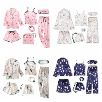 De JULIO de CANCIÓN DE Rosa, Mujer de Emulación de la Seda del Pijama de Rayas 7 Piezas Conjuntos de Pijamas de las Mujeres ropa de dormir de los Conjuntos de Primavera Otoño de ropa de hogar