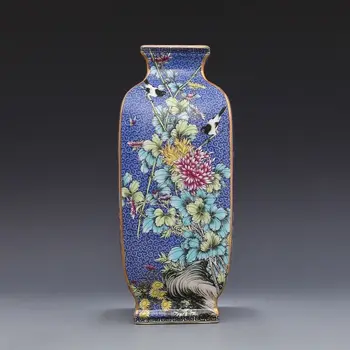 De la Dinastía Qing Qianlong año marca de esmalte de las flores y los pájaros de la plaza gran jarrón de porcelana antigua antigua de porcelana de la colección