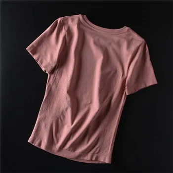 De las mujeres de Manga Corta Camisetas de Yoga Rosa Cuello redondo de Recortar la parte Superior del Gimnasio de la Camisa Ligera de camisas mujer Top de Entrenamiento de los Deportes de Desgaste