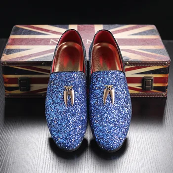 De lujo de los Hombres Mocasines, Zapatos de Deslizarse Sobre Mocasines Brilla Bling Elegantes Pisos de Zapatos de Hombre de Partido vestido azul de Zapatos de la boda de ST372