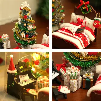 Decoraciones de navidad DIY casa de Muñecas de Madera, Casas de Muñecas en Miniatura de los Muebles Kit de Juguetes Para Niños de Año Nuevo Regalo de Navidad de la Casa
