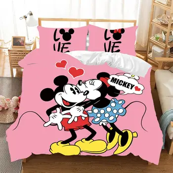 Disney Mickey Minnie Mouse Poliéster juego de Cama funda de Edredón de Fundas de almohada Único Doble de la Reina para Niños Decoración para el Hogar