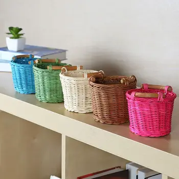 DIY ratán mini decorativos cestas de mimbre Tejido de Almacenamiento Cesta de organizador de escritorio sostenedor de la pluma macetas de decoración para el hogar