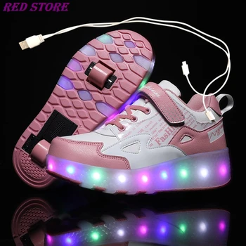 Dos Ruedas Luminoso Zapatillas Negro Rojo de Luz Led de Rodillos de Zapatillas de Skate para niños de los Niños Led Zapatos Niños Niñas Zapatos de la Luz Hasta 28-43