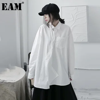 [EAM] las Mujeres Blancas Breve Irregulares de Gran Tamaño Blusa Nueva de la Solapa de Manga Larga Floja de la Camisa de Moda de la Marea de Primavera Otoño 2021 1DD0584