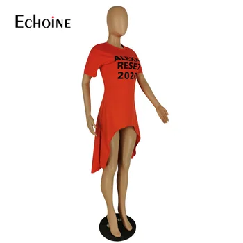 Echoine 2020 Verano Alexa Restablecer 2020 Carta de Impresión de las Mujeres del O-cuello de Manga Corta Irregular Larga T-shirt de moda casual Parte Tee