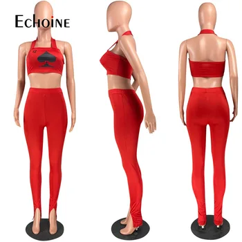 Echoine Mujeres Q Imprimir Deporte Streetwear Tubo superior Tops de la Rendija de la Llamarada de Pantalones de Traje de Active Wear Chándal de Dos piezas Traje de Fitness