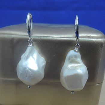 El de la naturaleza de agua dulce de la perla del pendiente con gancho de plata 925 -- barroco buena esquina shap Perla,11-17 mm big barroco perla