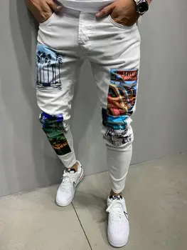 El Diseño en blanco Parcheado de los Hombres Slim Fit Jeans
