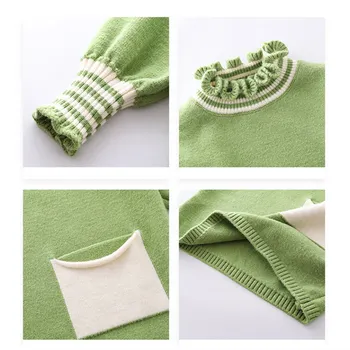 El otoño de los Niños de las Niñas Vestido de Suéter Con Bolsillo de las Niñas de Bebé Azul Verde Jersey Suéter de Punto de Manga Larga Prendas de Ropa 4-13T