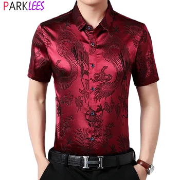 El vino Rojo de Seda de Satén de Camisas para Hombres de Moda de Verano de 2020 Dragón Chino Jacquard para Hombre Camisas de Vestir Casual Botón de Abajo Chemise 3XL