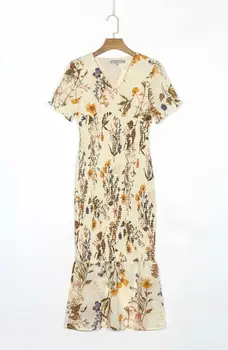 Elegante vestido largo de cuello v vestidos vintage elástica de la moda de verano de otoño midi de color beige de la impresión floral vestido de las mujeres