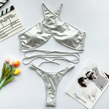 En-X Plata sexy bikini set 2020 Halter del traje de baño femenino vendaje de trajes de baño de mujer de Verano de los bañistas Alta corte de bikini de la Cruz correa biquini