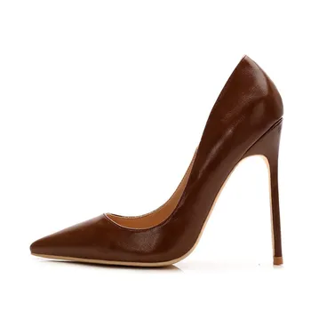 Envío gratis de la moda de las mujeres de las Bombas de señora de cuero marrón dedo del pie en Punta de tacón alto zapatos de size33-43 12 cm 10 cm 8 cm de tacón de Aguja