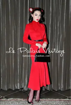 ENVÍO GRATIS de Le Palais edición limitada Vintage rojo de china retro elegante delgada de la cola larga roja de cachemira abrigo/70% de la cachemira abrigo