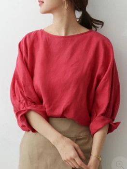 Estilo Coreano 2020 Las Mujeres De Verano Sólido O-Cuello Rojo De Tres Cuartos De Regular Casual Blusa Minimalista Señora De La Oficina Tops Retro