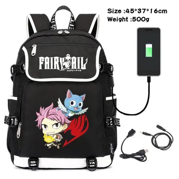 Fairy Tail Anime Mochila USB de Carga de la Mochila del ordenador Portátil Hombros bolsas de bolsas de libros a los Estudiantes de la Escuela Bolsa de Regalos Cosplay mochila