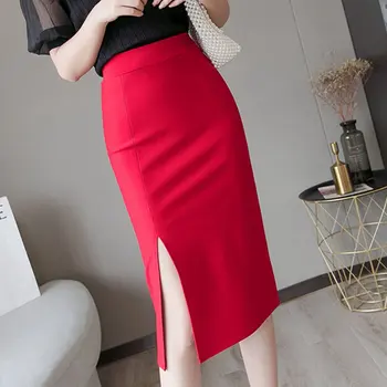 Faldas Mujer Moda 2020 Las Mujeres De Cintura Alta Falda Lápiz Negro Longitud De La Rodilla Sexy Señoras De Oficina Coreana De Bodycon Rojo Faldas Más El Tamaño