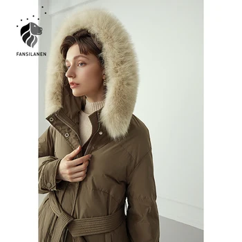 FANSILANEN con Capucha de piel de largo abajo de la capa de las Mujeres de la correa de wram globo abrigo de invierno Femenino luz de plumas de gran tamaño casual chaqueta de abrigo