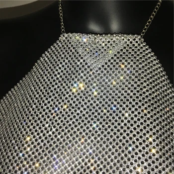 FestivalQueen Sexy Vestido De Diamantes De Imitación De Diamantes Crop Tops De Mujer De Corte Bajo Ajustable Con Cadena De Metal Sin Respaldo Camisola Recorta La Parte Superior