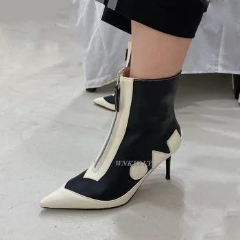Finos zapatos de Tacón Alto Botas de Tobillo de las mujeres en punta diseño geométrico colores mezclados stilettos 2020 Otoño cremallera frontal botas cortas