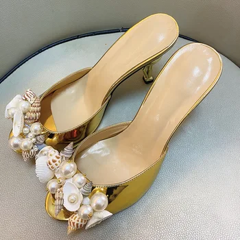 Flamingo extraño de tacón alto de las señoras zapatillas perla shell de la decoración de la rosa de oro de lujo zapatillas de verano de las señoras del partido zapatillas