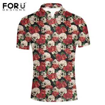 FORUDESIGNS Marcas de los Hombres Polos Camiseta de Calavera Rosa Con estampado Floral de la Impresión Verano Corto Tops Camiseta para los hombres Gótico Camiseta 2020
