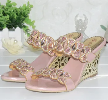 G-gorrión 2019 Popular de NUEVO de la Moda de Alta Calidad de Cuero Genuino de diamante de imitación de Cuña Zapatillas de Tacón Alto Zapatos de Vestir de color Rosa