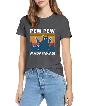 Gato negro Pew Pew Madafakas Divertido Gato Mafioso Con Pistola Meme Retro de la Mujer algodón de manga corta T-Shirt Humor Regalo Tops camiseta