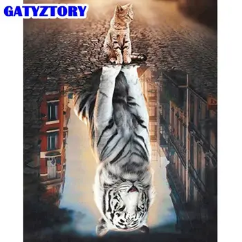 GATYZTORY 60x75cm Enmarcado Cuadro al Óleo Por los Números de Kit Para los Adultos a los Niños hechos a Mano de Gato Tigre Animal de la Pintura de la Decoración del Hogar Diy Regalo