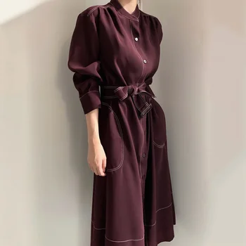 GOOHOJIO 2020 un Solo pecho de cintura Alta temperamento Vestidos para las mujeres de la Vendimia del color sólido Vestido de las Mujeres de Manga larga Vestido de las señoras
