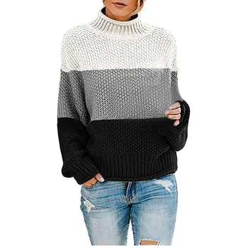 Gran Tamaño de las Mujeres del Suéter de 2020 Otoño invierno Nuevo Empalme de Color Bloque de Jersey de Mujer Camisa Casual de Prendas de punto turtlenck Tops#F