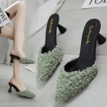 Grey Cuadrado tacón de Mulas Para las Mujeres 2020 Señoras Zapatillas Zapatos Pantofle Piel Chanclas Cubierta de pies Med Lujo Diapositivas Bloque Suave