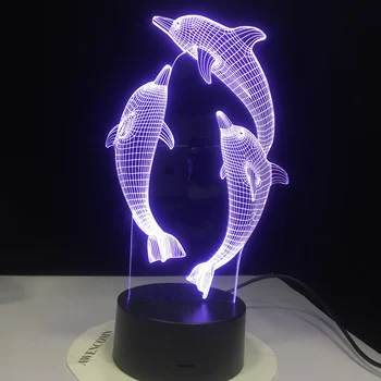 GX3578 de los Delfines de la Forma 3D de la Ilusión de la Lámpara 7 Cambio de Color Táctil Interruptor de Luz de Noche LED de Acrílico lámpara de Escritorio de la Atmósfera de la Lámpara de la Novedad de la Lámpara