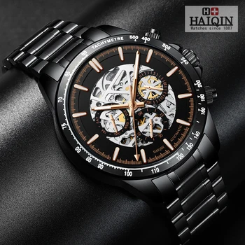 HAIQIN del Negocio de Negro de Lujo mecánico Automático reloj de pulsera de los hombres de los relojes de la parte superior de la marca de relojes de lujo para hombres esqueleto de Oro 2020