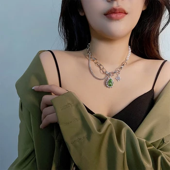 Hangzhi Diseño Retro Verde Circón Exagerada de la Perla de Costura de Metal Marea Personal de Clavícula Collar de Cadena de las Mujeres