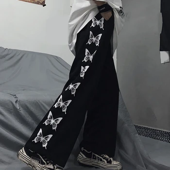 Harajuku Ins Mujeres Impresa de la mariposa de Ocio Elegante Pantalón de Mujer Suelta Setreetwear Hip-hop Retro coreano Ulzzang Recta Pantalones