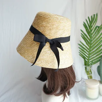Hechos a mano de Verano Sombreros para Mujer de las Señoras Sombrero de Sol Bowknot cinta de color Beige Sombrero de Paja Adjuatble Playa Sombrero de Ala Ancha Kentucky Derby Hat