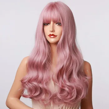 HENRY MARGU de la Moda de Luz de color Rosa Púrpura Pelucas Largas Onduladas Cosplay Peluca con Flequillo de Alta Temperatura de la Fibra de Don Peluca Sintética para las Mujeres